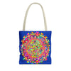 Dark blue tote bag with colorful mandala art design, perfect for carrying essentials in style