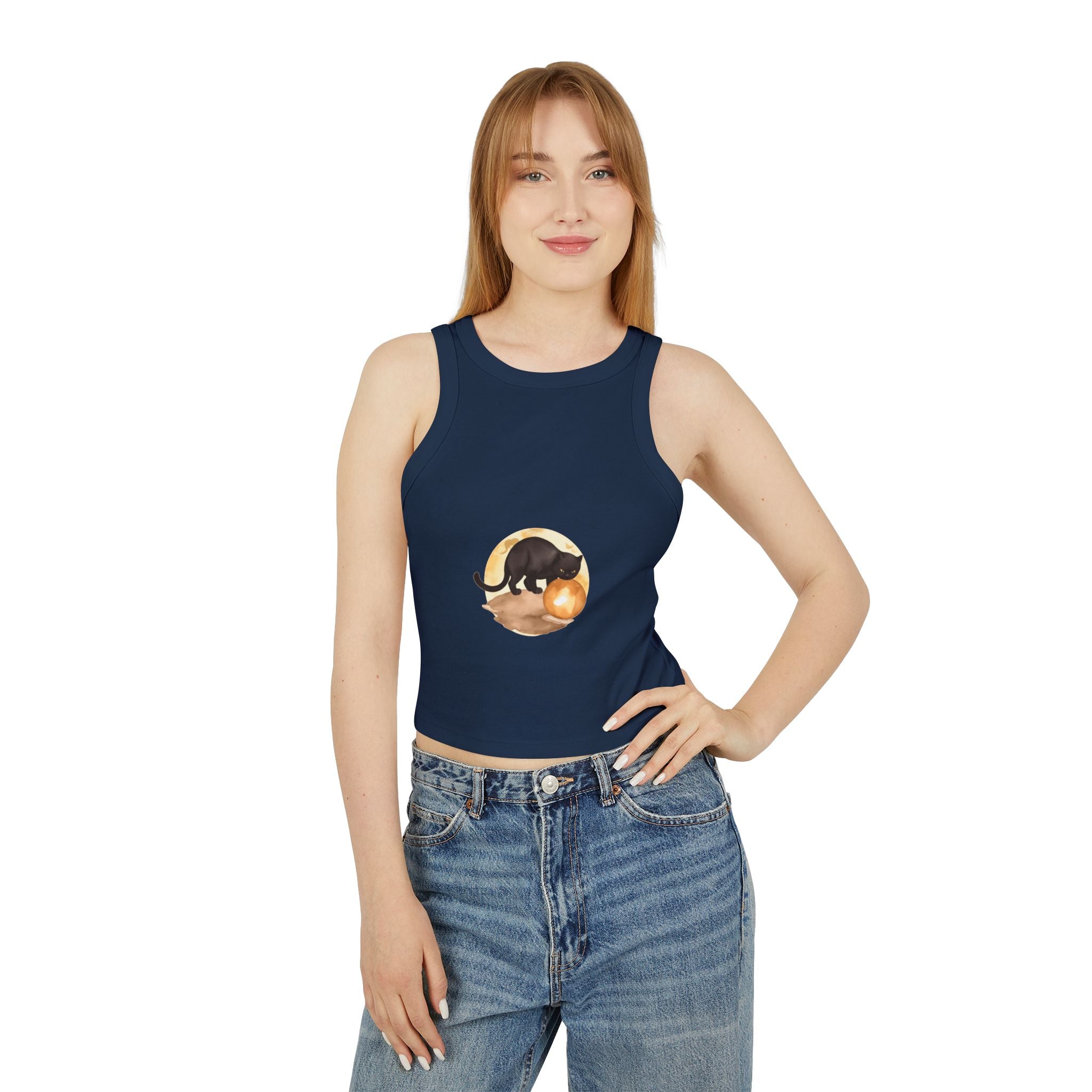  Woman wearing Black Cat Moon Racerback Tank Top while gazing at the starry night sky