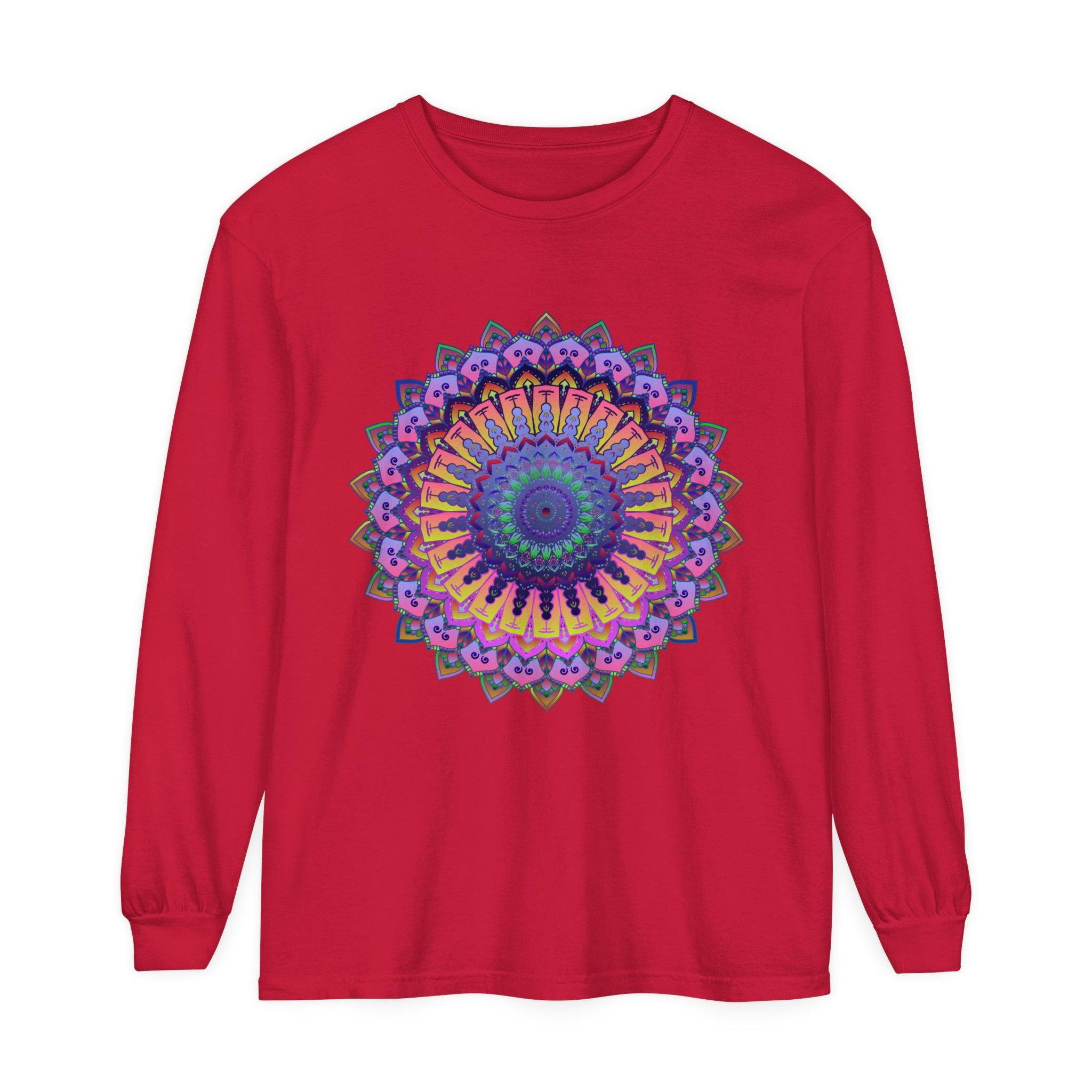 Intricate mandala design featuring vibrant colors on unisex long sleeve t-shirt