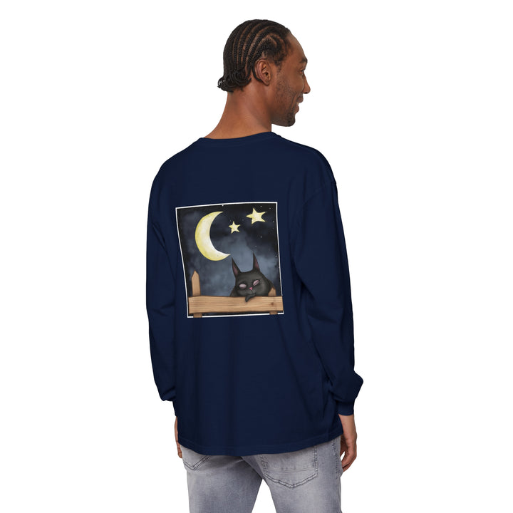 Sleepy Cat Night Sky T-Shirt featuring a cute cat sleeping under a starry night sky design