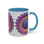 A close-up image of a vibrant mandala mug with intricate artwork on a grey background, perfect for enjoying your favorite hot beverages in