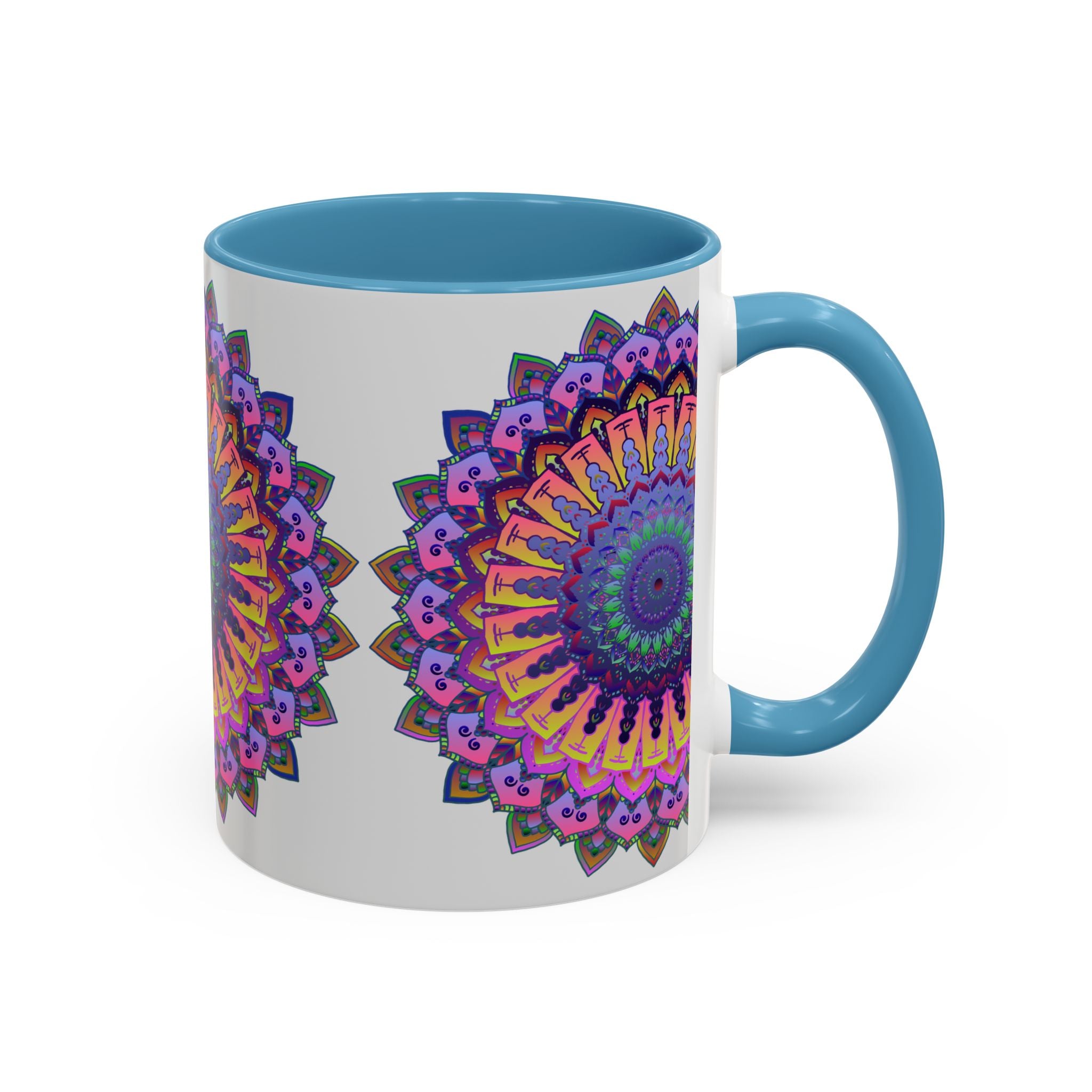 A close-up image of a vibrant mandala mug with intricate artwork on a grey background, perfect for enjoying your favorite hot beverages in