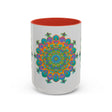 A beautiful mandala art mug featuring a colorful and intricate design with floral patterns and vibrant hues