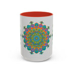 A beautiful mandala art mug featuring a colorful and intricate design with floral patterns and vibrant hues