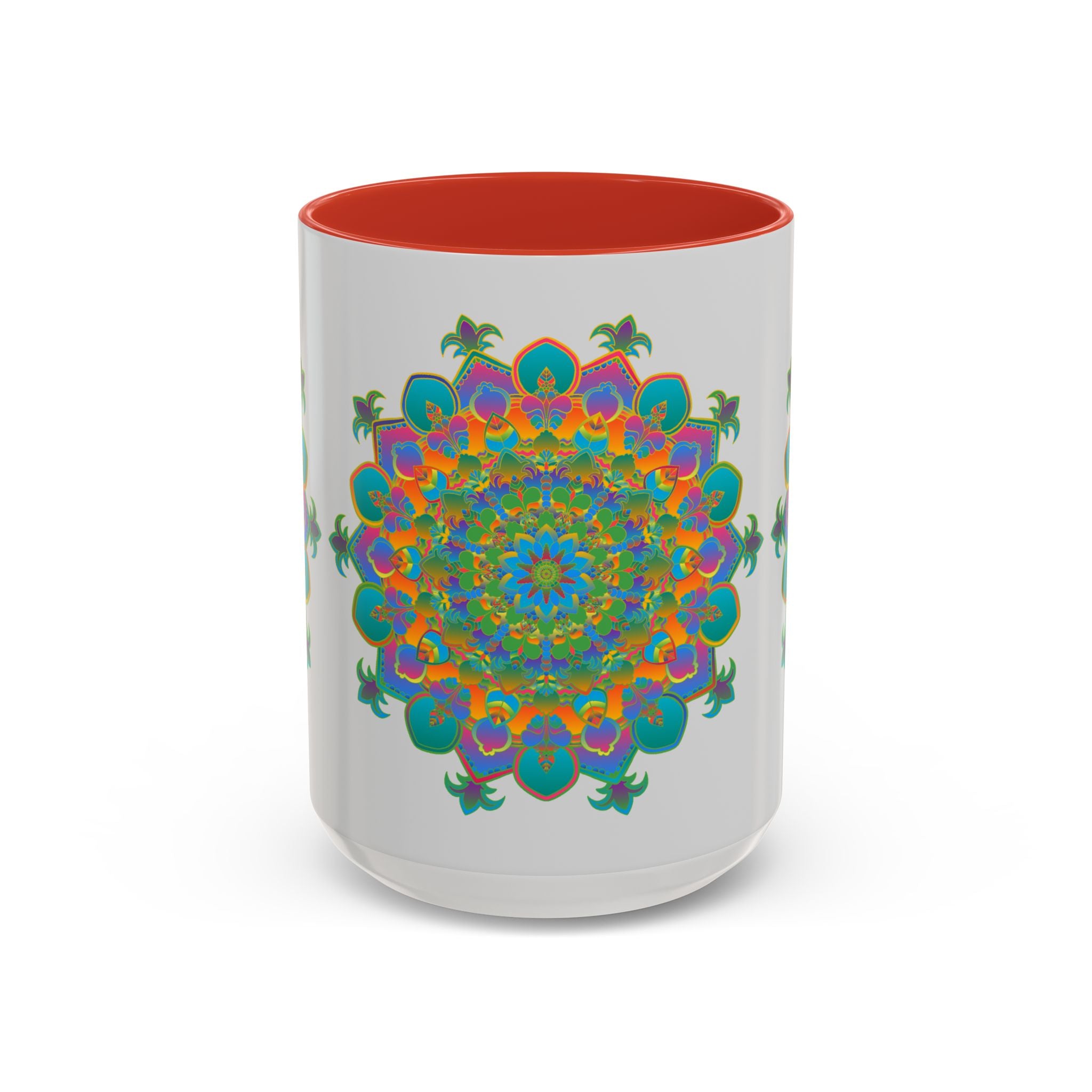 A beautiful mandala art mug featuring a colorful and intricate design with floral patterns and vibrant hues