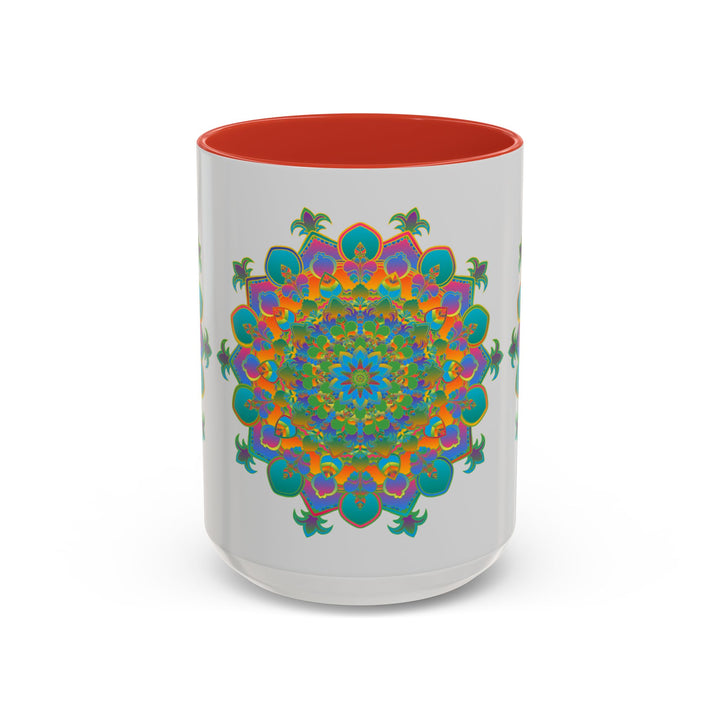 A beautiful mandala art mug featuring a colorful and intricate design with floral patterns and vibrant hues