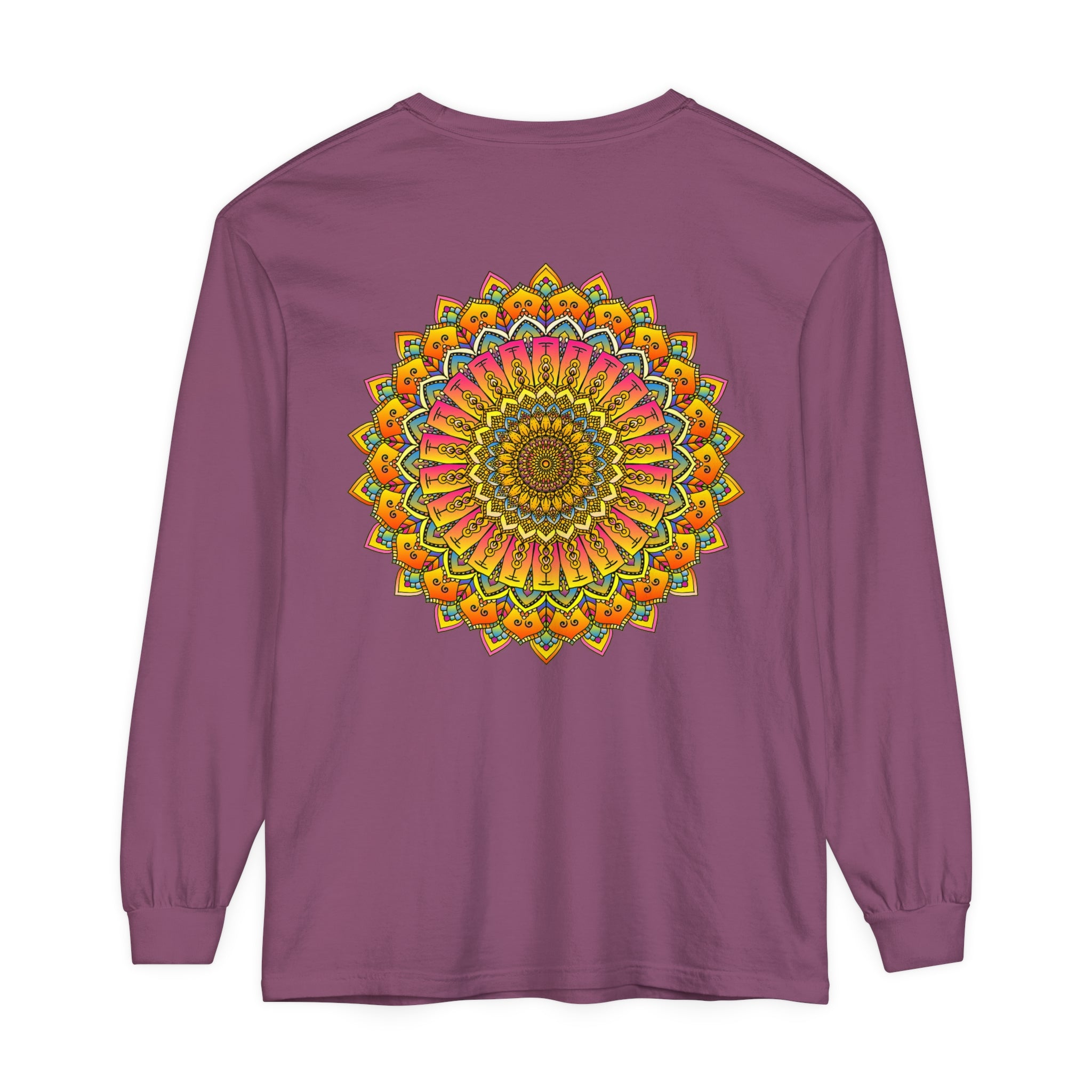 Colorful and intricate mandala design long sleeve unisex t-shirt in vibrant shades