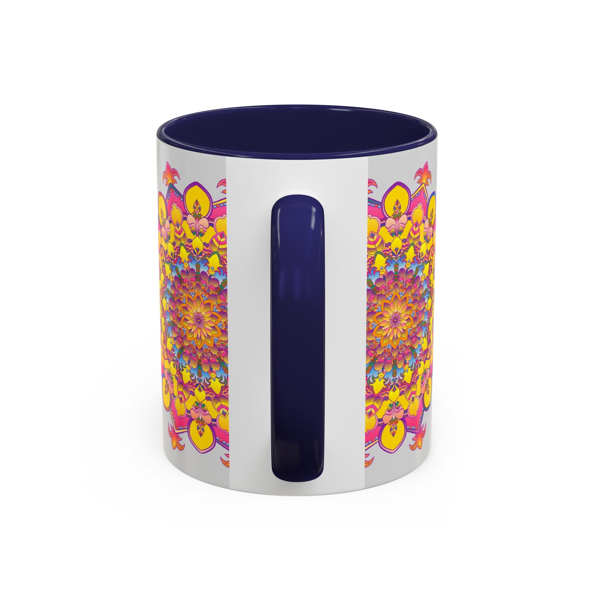 Colorful ceramic mug featuring a vibrant mandala design, perfect for meditation and relaxation