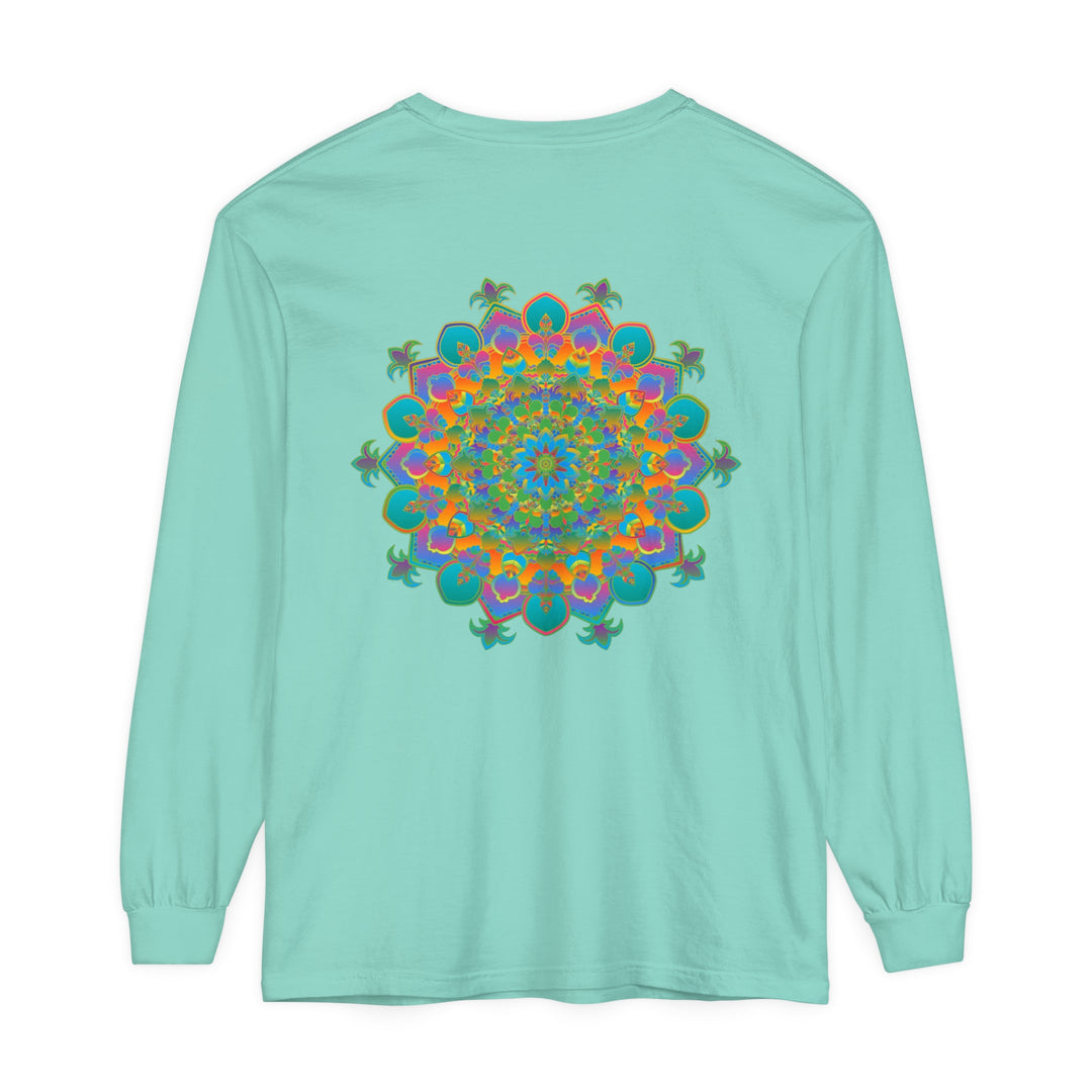 Colorful and intricate mandala design on a unisex long sleeve t-shirt