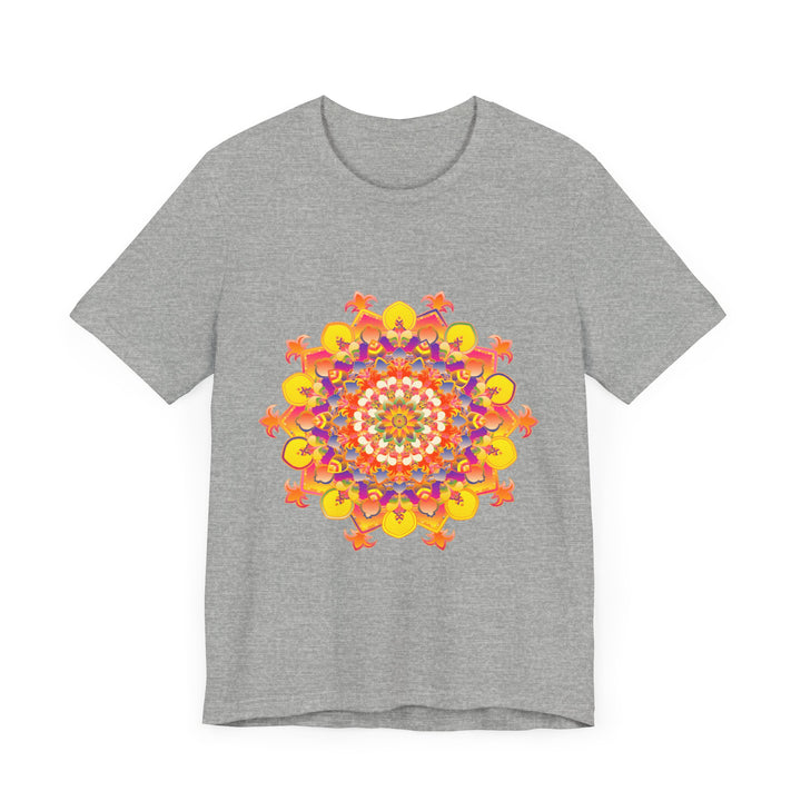 A close-up image of a Vibrant Mandala Tee featuring a colorful and intricate design with floral and geometric patterns in shades of pink, blue, and yellow