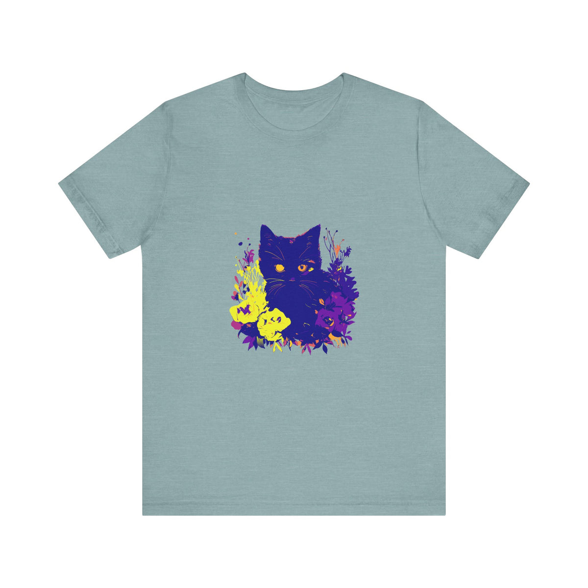 A close-up image of the Black Cat Mystery Neon Flower T-Shirt with vibrant neon flower graphic design on a black background