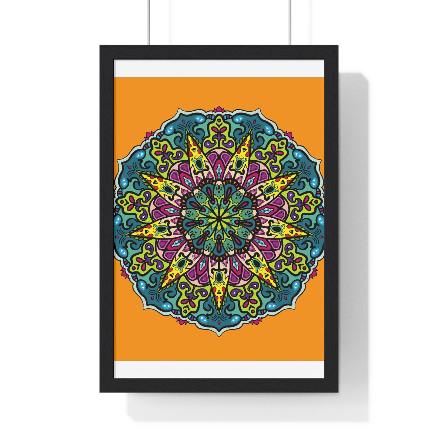 Hand-drawn orange mandala art in a vertical framed poster, perfect for mindfulness and yoga practices