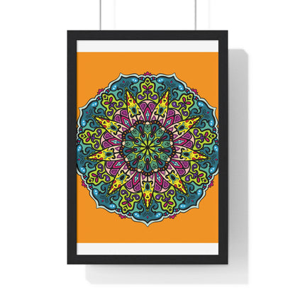 Hand-drawn orange mandala art in a vertical framed poster, perfect for mindfulness and yoga practices