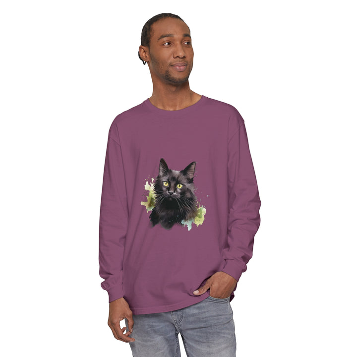 Black Cat Watercolor Splash Long Sleeve T-Shirt in a playful design