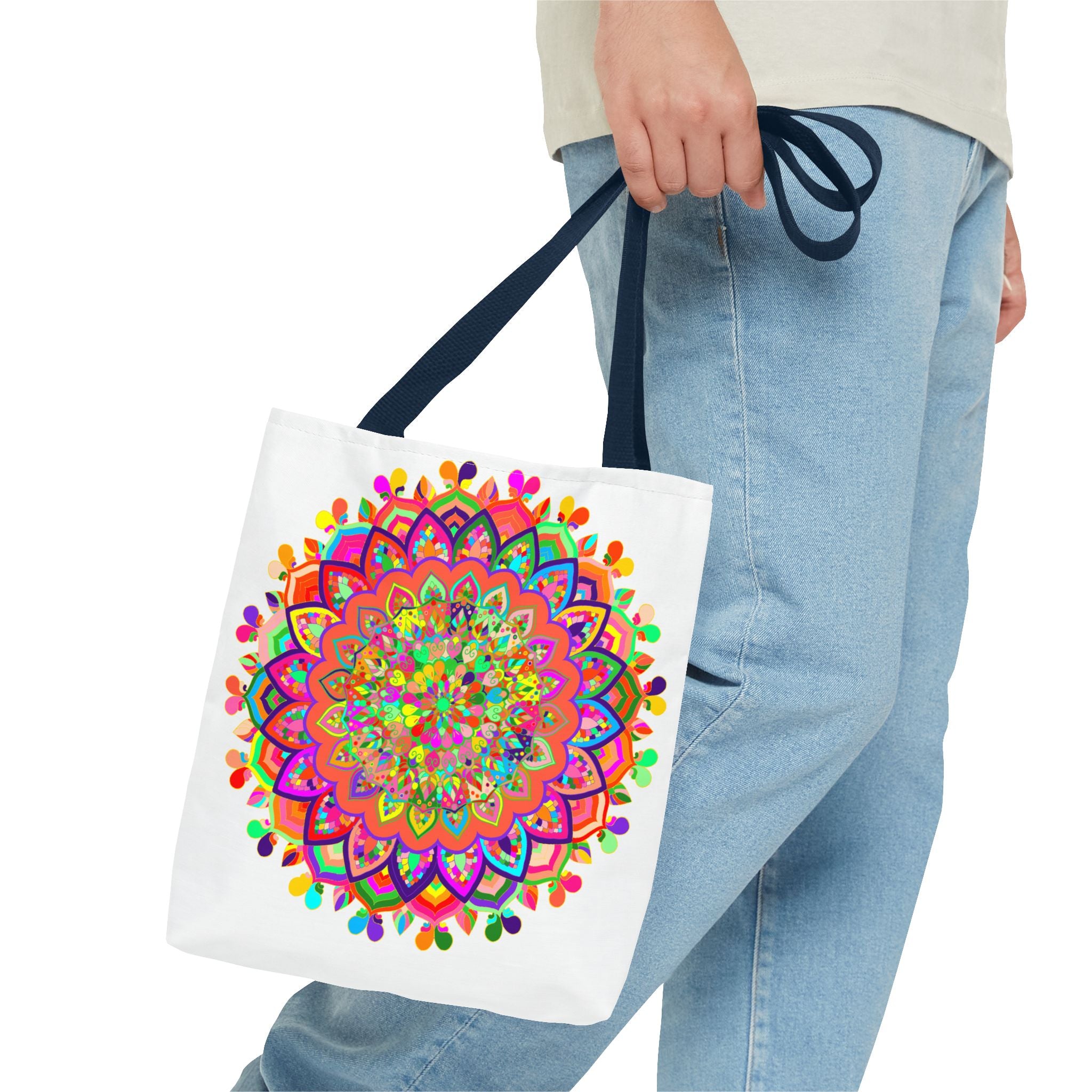 Colorful Mandala Art Tote Bag featuring vibrant and intricate floral patterns