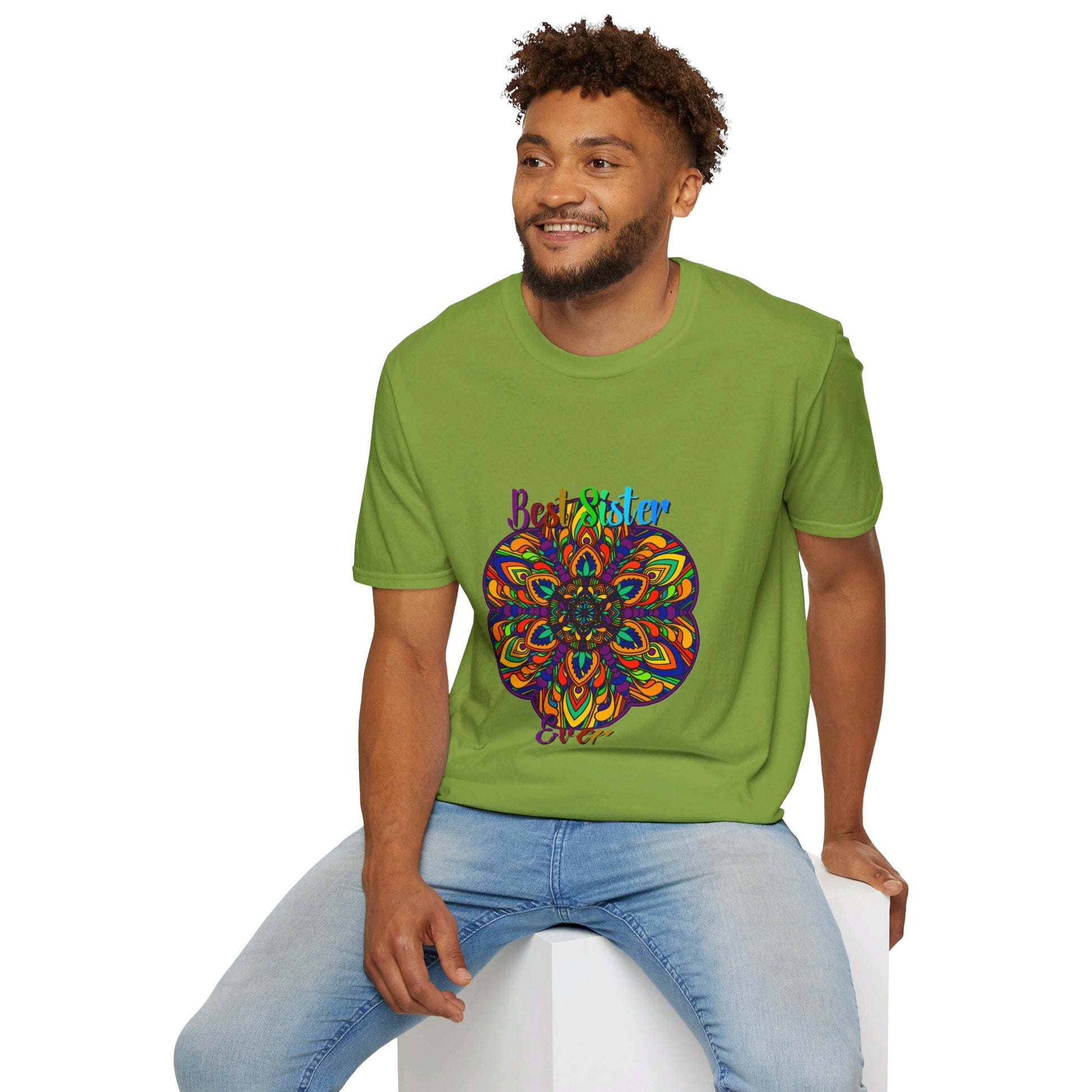 Colorful mandala art design on a soft unisex T-shirt, perfect gift for a sister, hand-drawn and unique