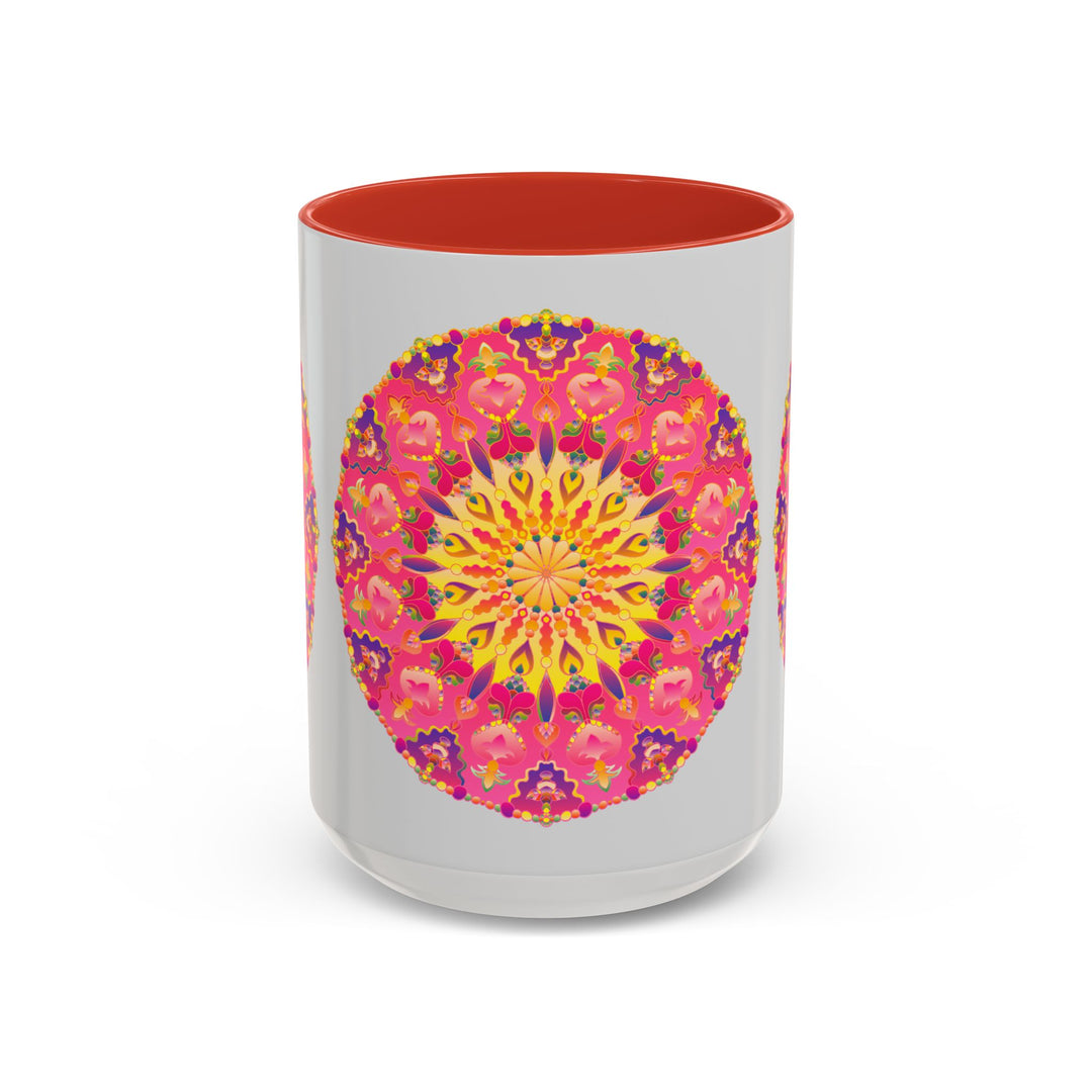 Mug with pink, yellow, and green mandala art on white background