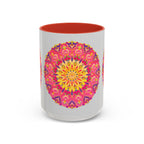 Mug with pink, yellow, and green mandala art on white background
