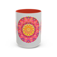 Mug with pink, yellow, and green mandala art on white background