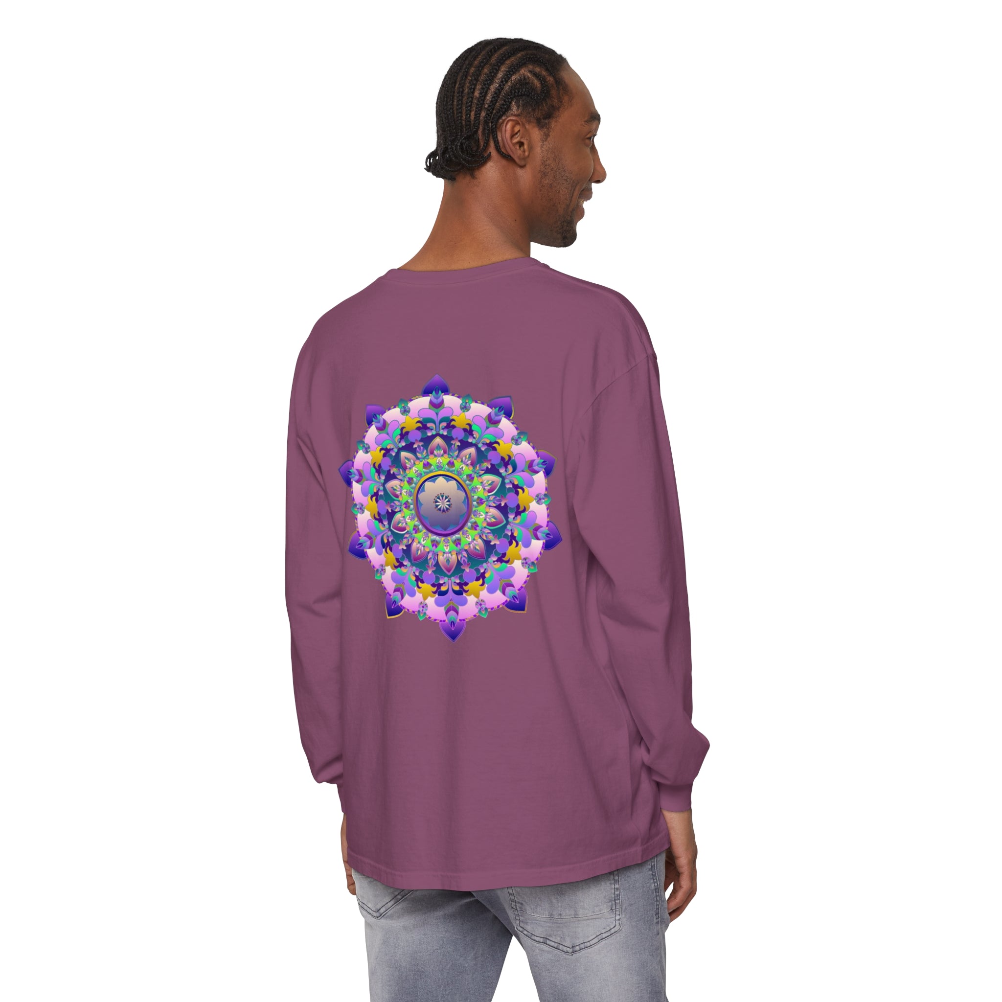 Vibrant Mandala Unisex Long Sleeve T-Shirt featuring intricate and colorful mandala design