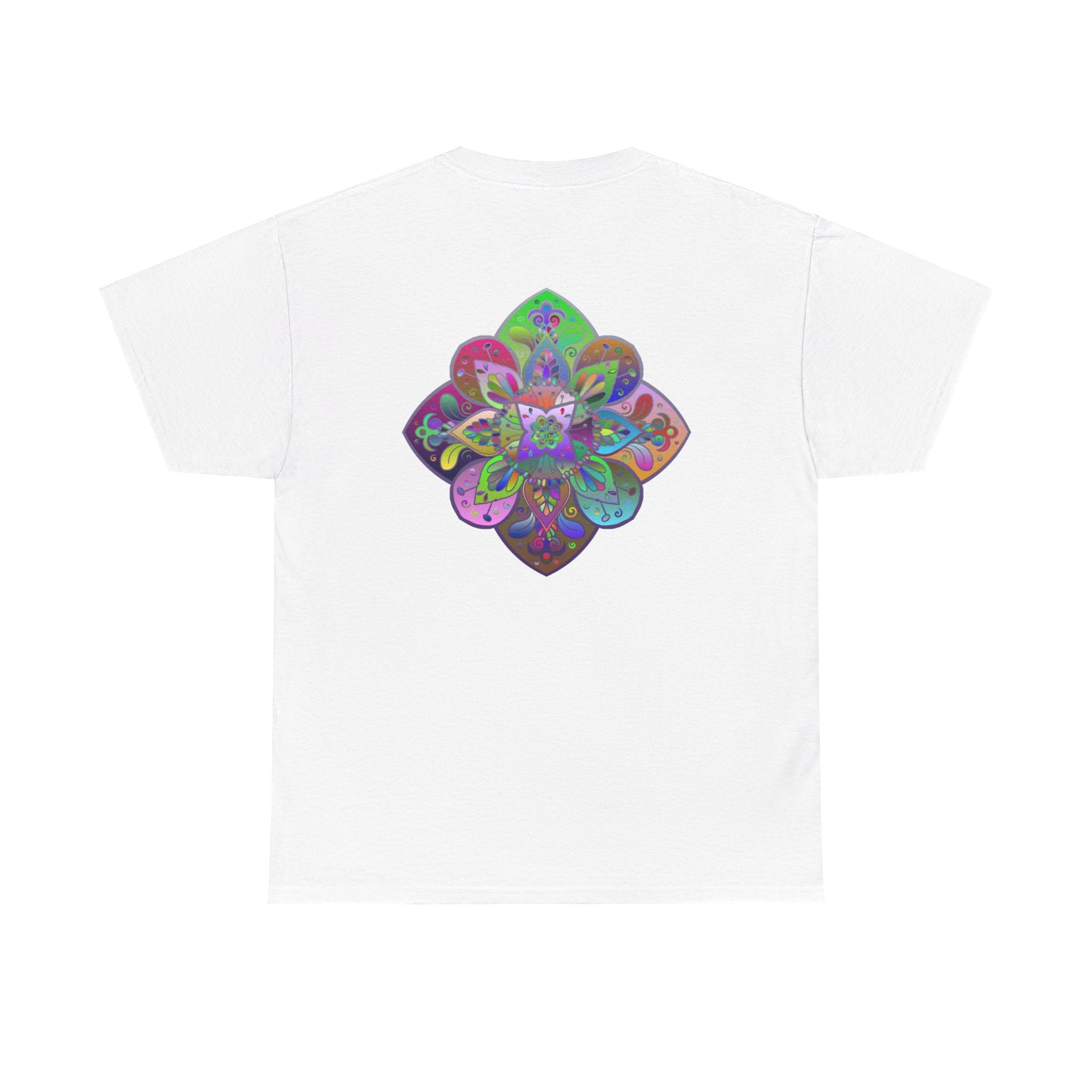 Colorful mandala art design printed on a comfortable unisex heavy cotton t-shirt for yoga and mindfulness enthusiasts