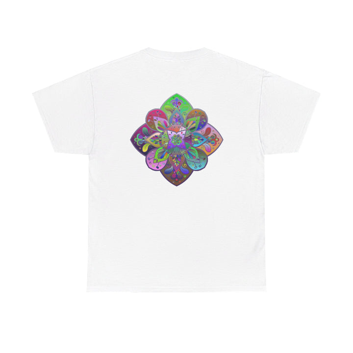 Colorful mandala art design printed on a comfortable unisex heavy cotton t-shirt for yoga and mindfulness enthusiasts