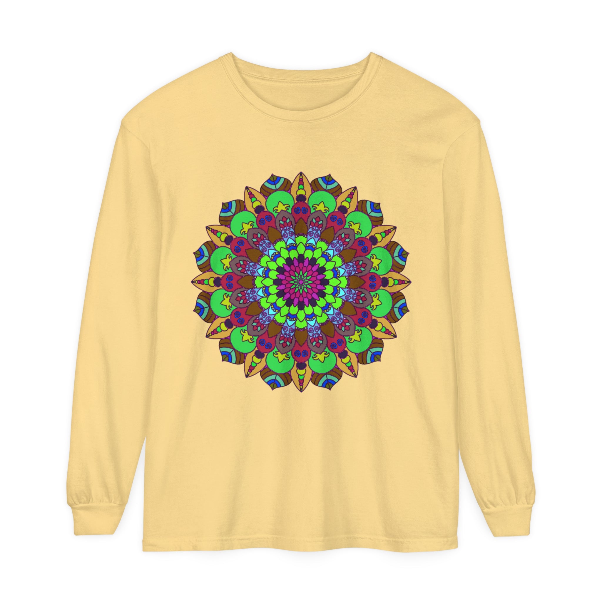 Colorful Mandala Unisex Long Sleeve T-Shirt featuring vibrant, intricate design