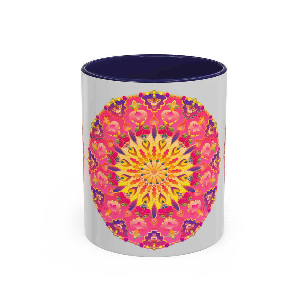 Colorful mandala art mug with pink, yellow, and green design