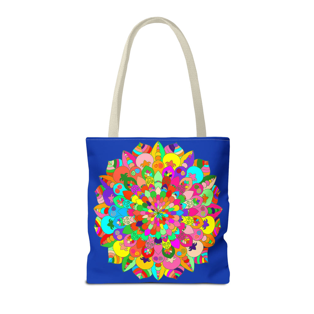 Stunning dark blue tote with a colorful and detailed mandala pattern