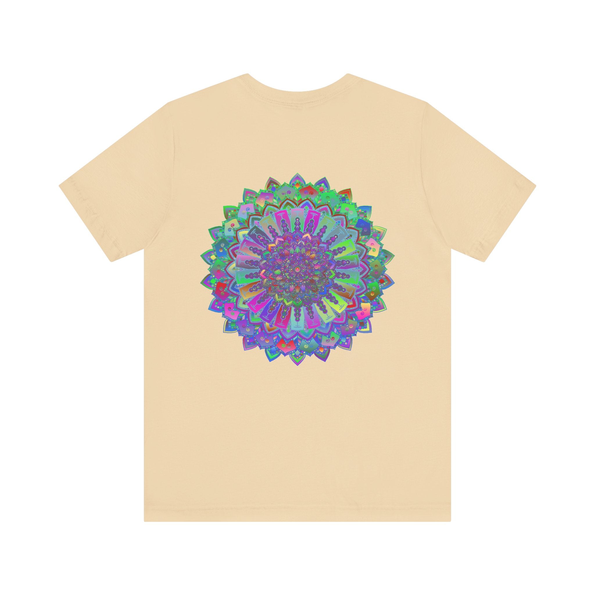 A colorful and intricate mandala design featured on a vibrant tee promoting spiritual peace and harmony