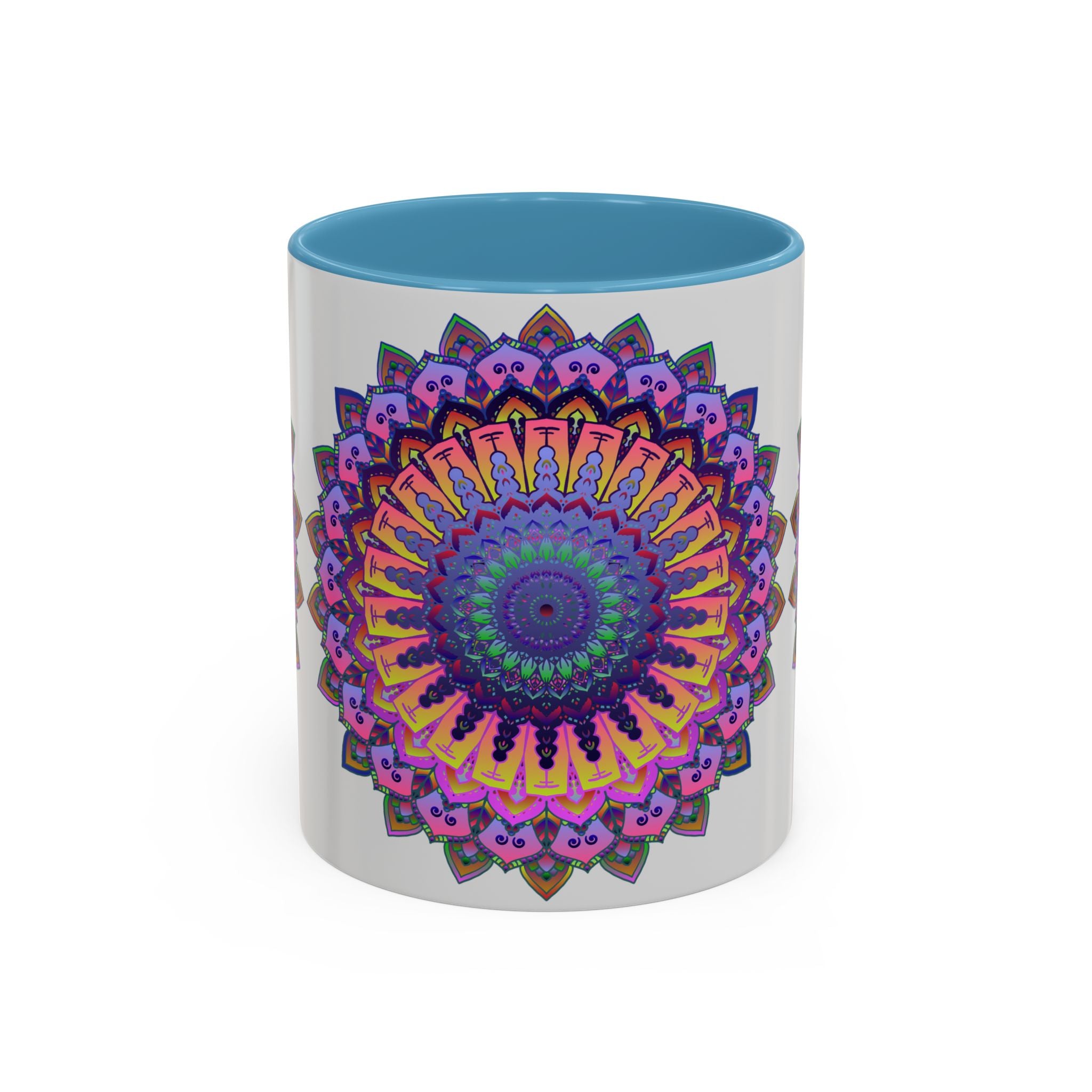 Vibrant mandala design in various colors on a grey ceramic mug, perfect for enjoying your favorite hot beverages