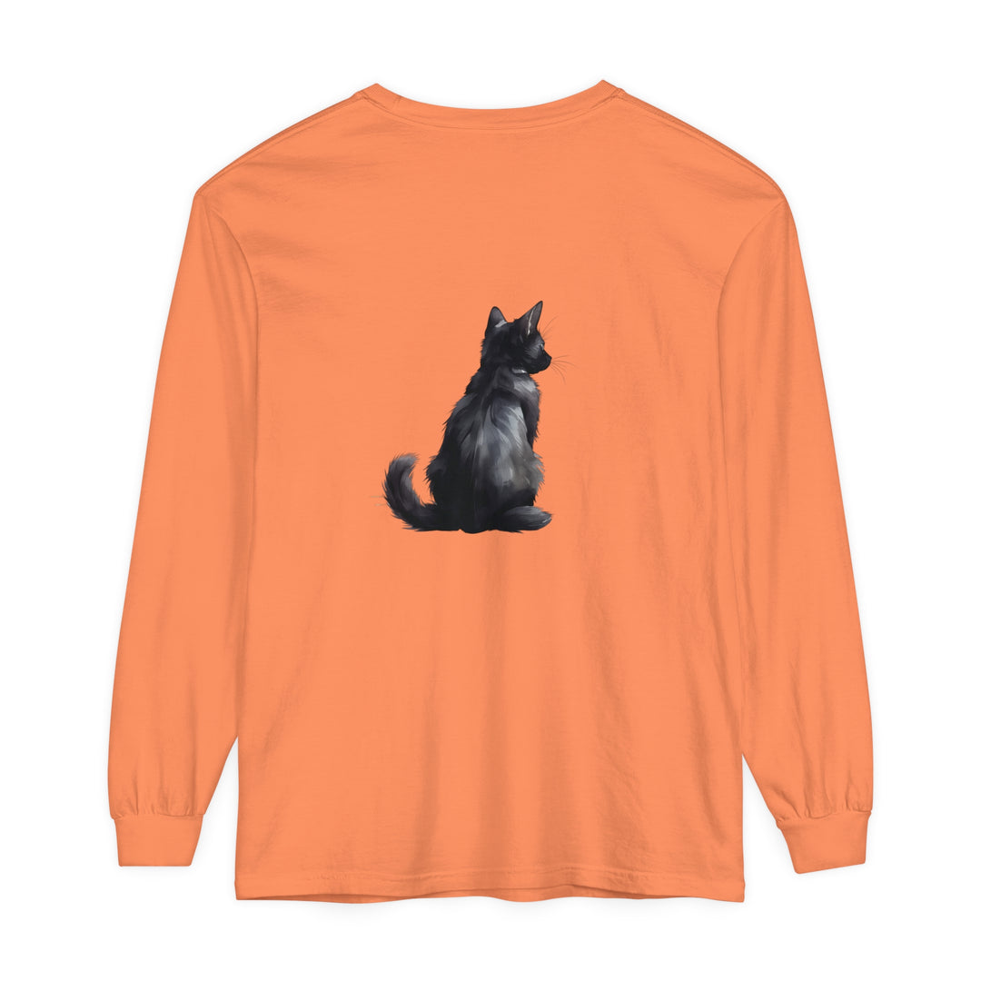 Black Cat Mystery unisex long sleeve tee with black cat design on front