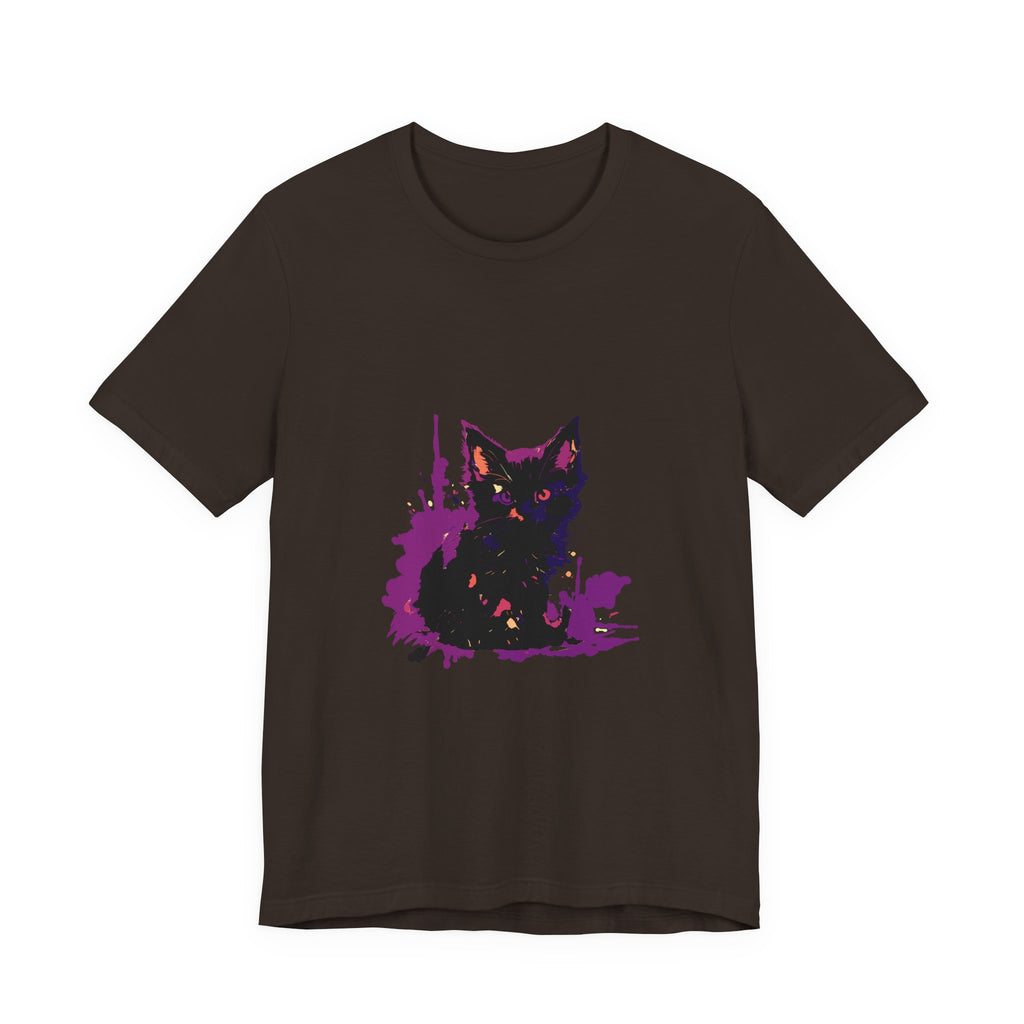 Schwarzes Katzenrätsel – Lila Farbspritzer-T-Shirt