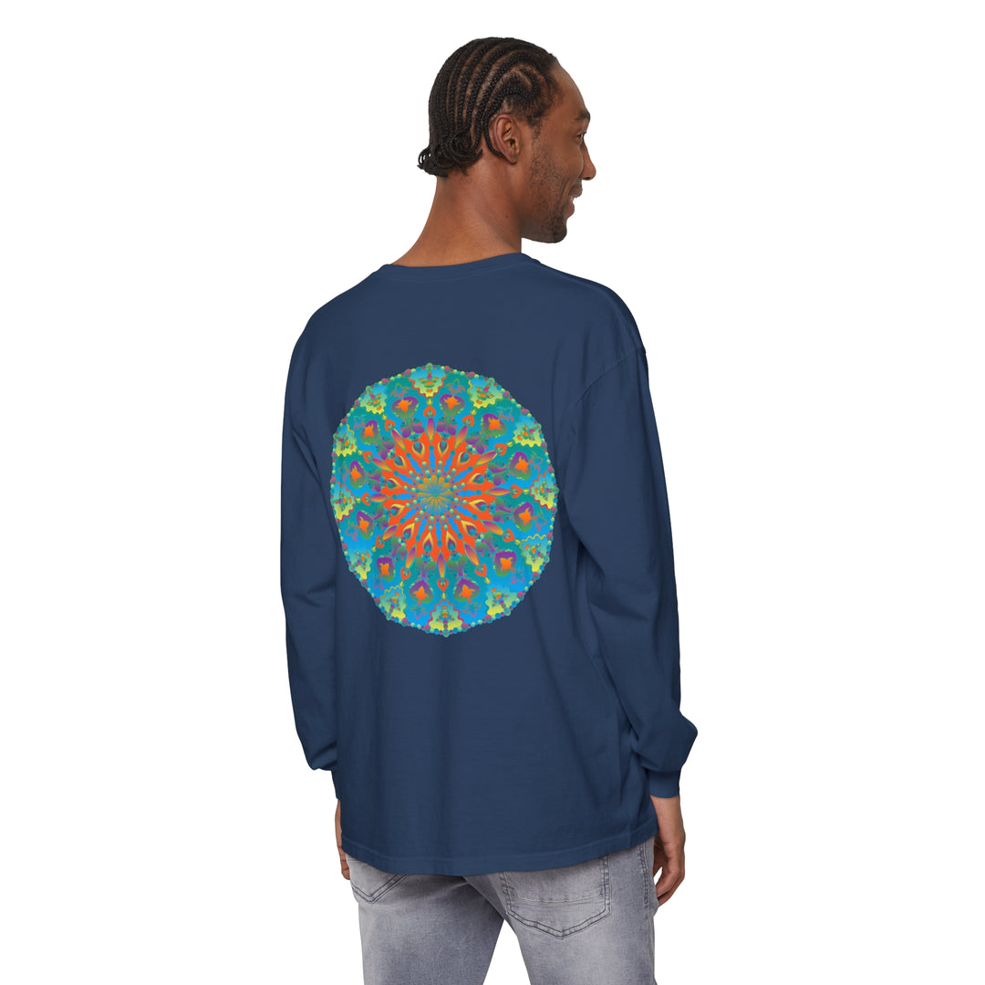 Colorful and intricate rainbow mandala design on a long sleeve t-shirt