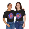 Vibrant and intricate geometric mandala design on a colorful t-shirt