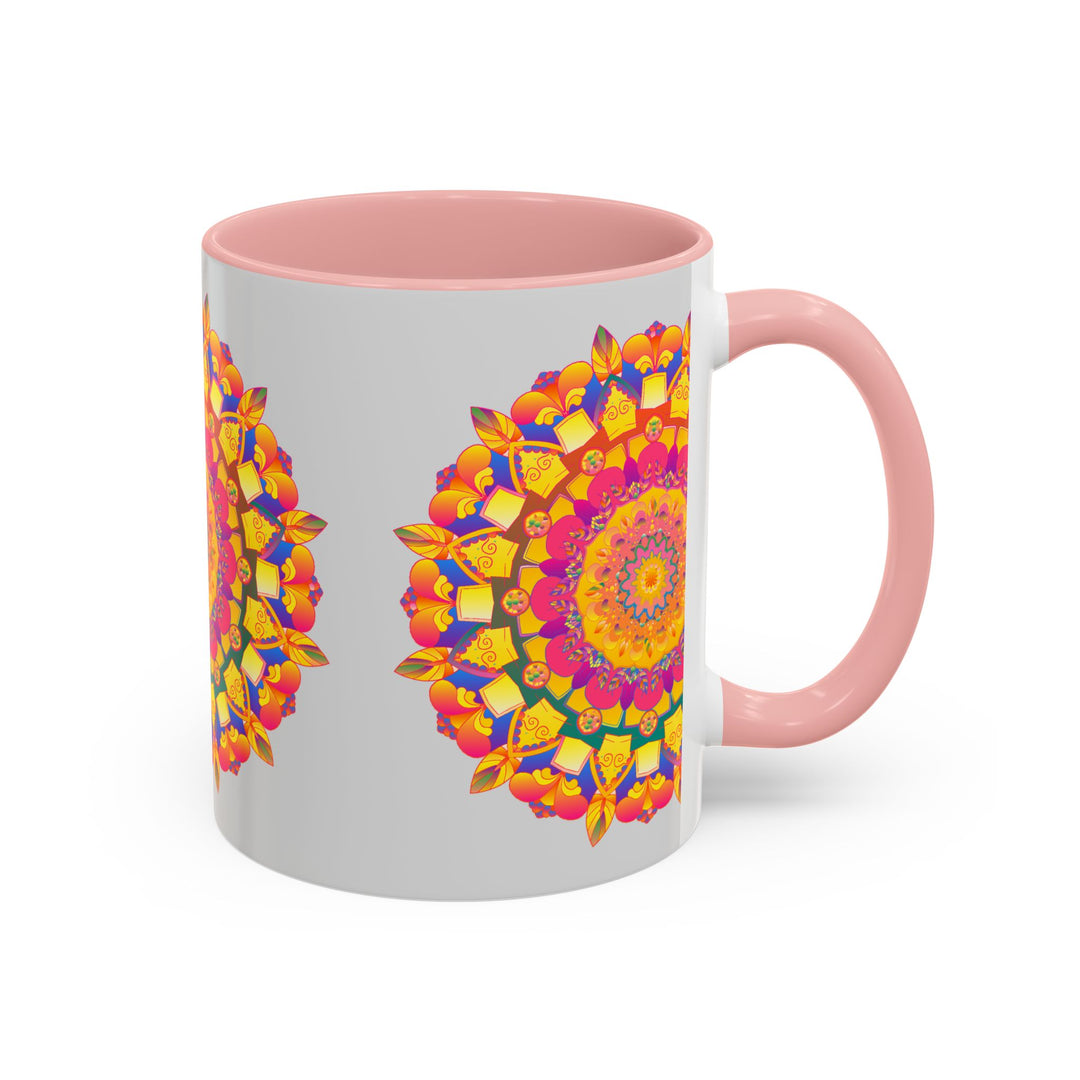 Beautiful mandala art mug featuring vibrant colors on a grey background