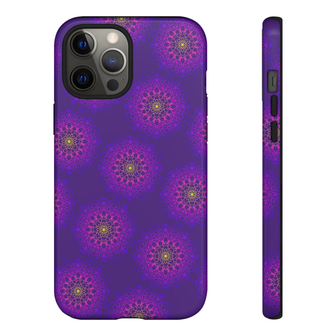 Intricate Purple Floral iPhone Case with Bold Mandala Design