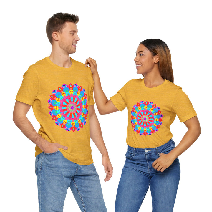 Vibrant and intricate mandala design t-shirt with psychedelic colors and patterns