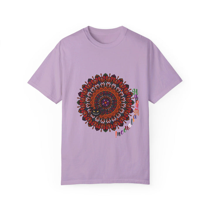 Handmade unisex Halloween Mandala T-shirt featuring intricate pumpkin mandala art, garment-dyed for a unique and stylish tee