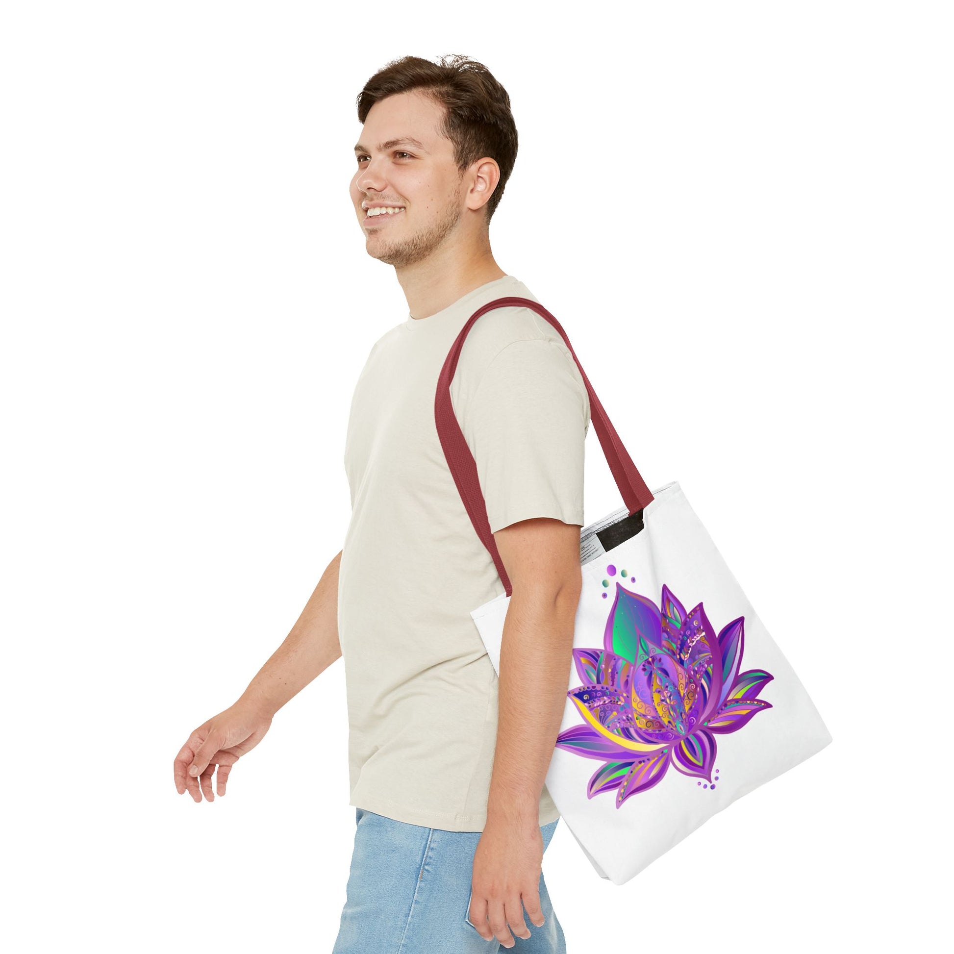 Colorful Mandala Lotus Tote Bag with intricate floral design and spacious interior