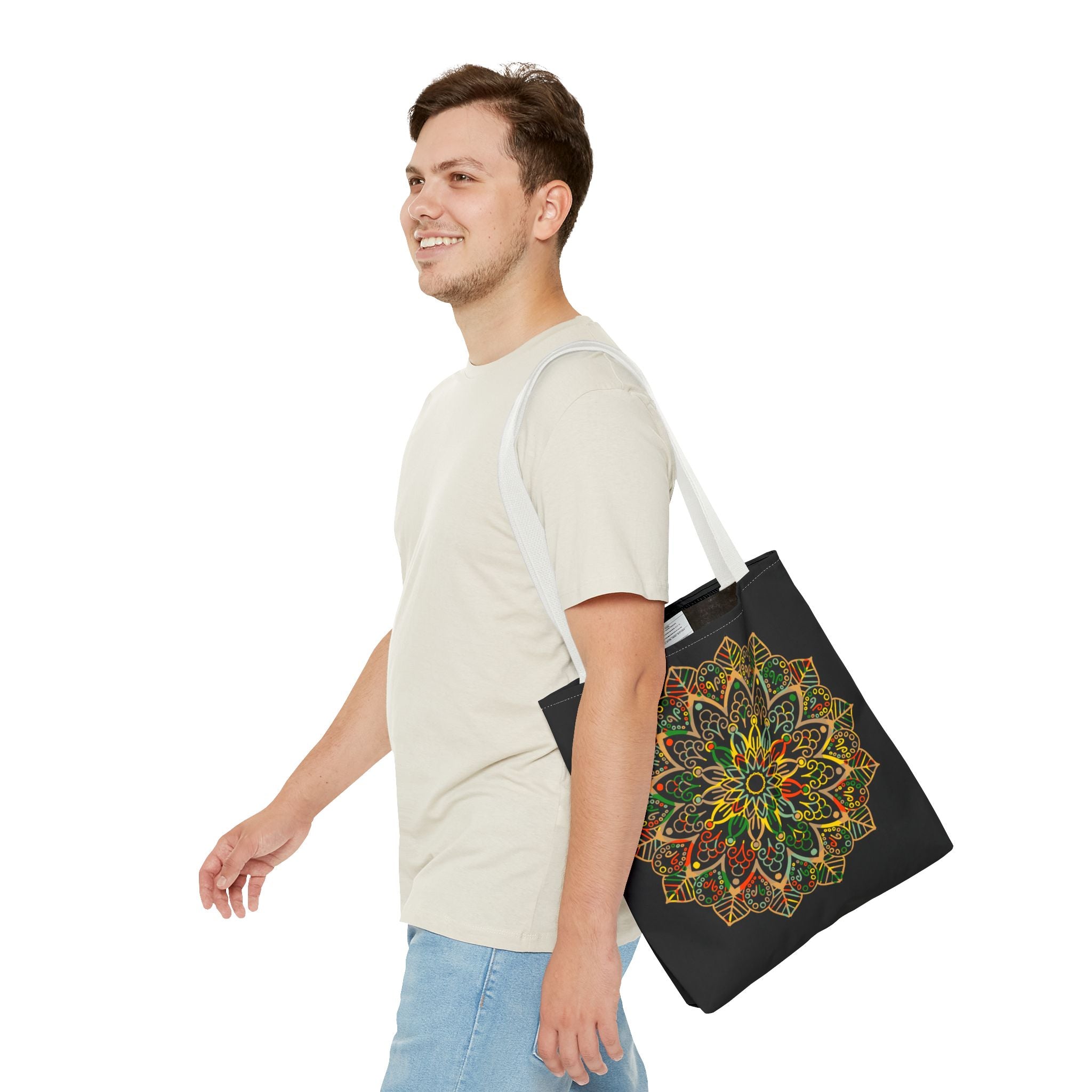 A colorful hand-drawn Mandala Art Tote Bag with all-over print design