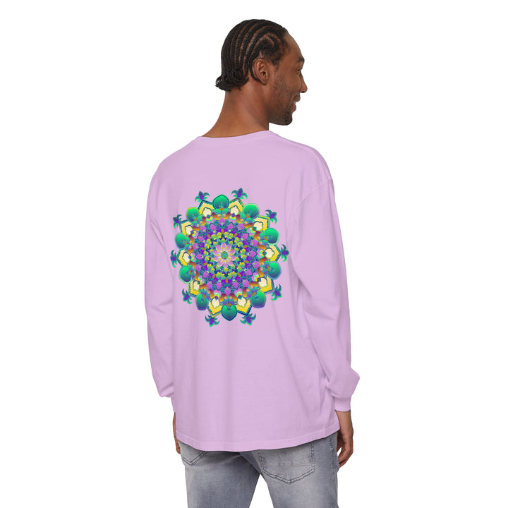 Colorful and detailed mandala design on a comfortable long sleeve t-shirt