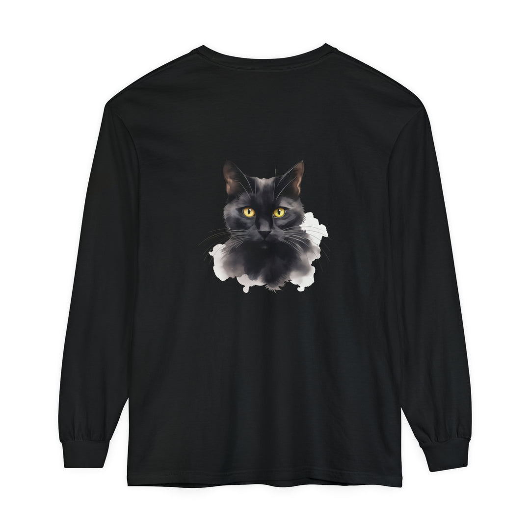  Unisex Long Sleeve T-Shirt showcasing Black Cat Portrait 