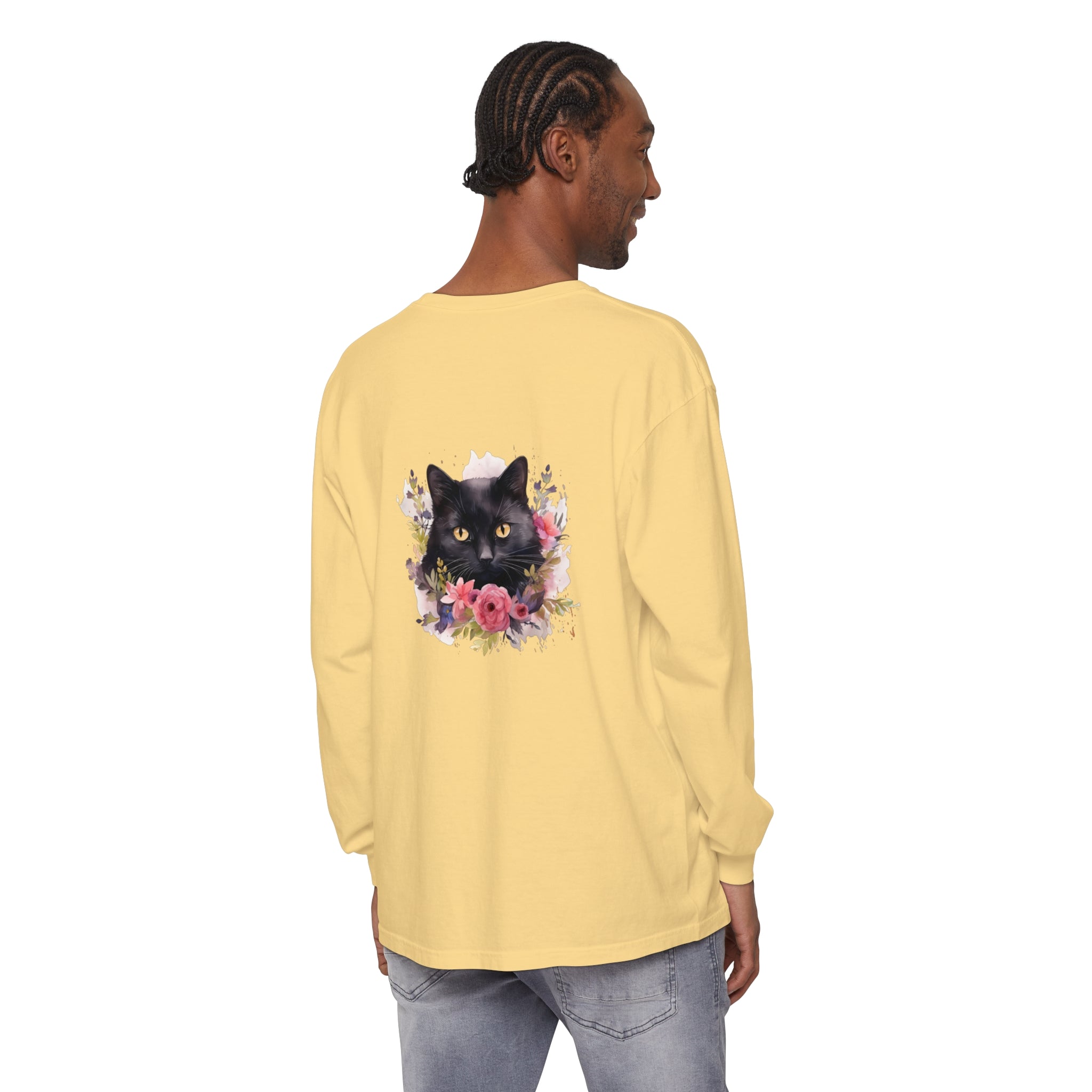 Black Cat Floral Watercolor Long Sleeve T-Shirt, a stylish and comfortable shirt featuring a watercolor design of a black cat surrounded by vibrant flowers