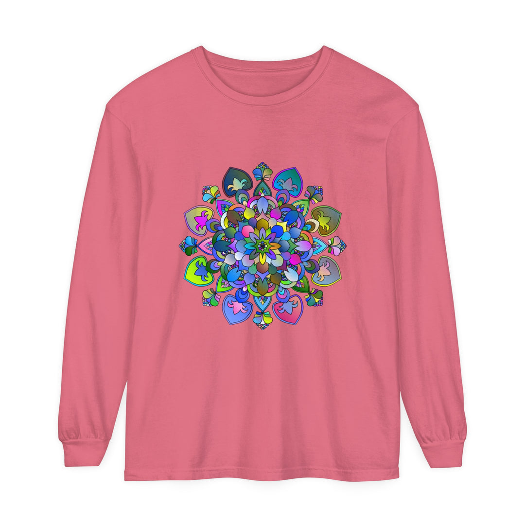 Vibrant Mandala Long Sleeve T-Shirt featuring a colorful, intricate mandala design