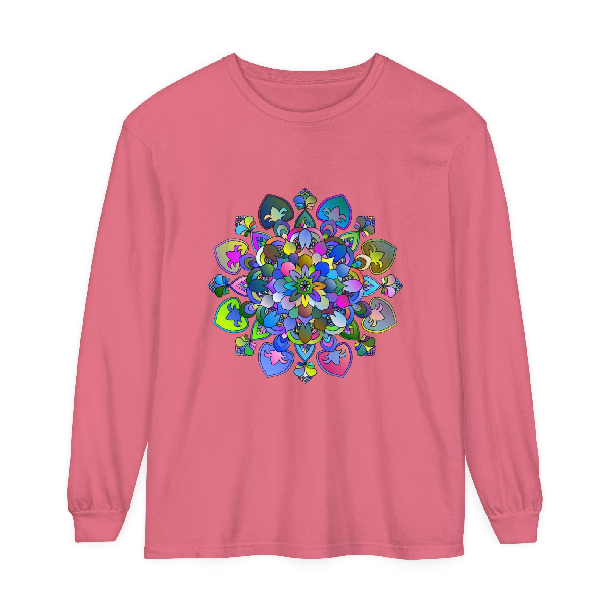 Vibrant Mandala Long Sleeve T-Shirt featuring a colorful, intricate mandala design