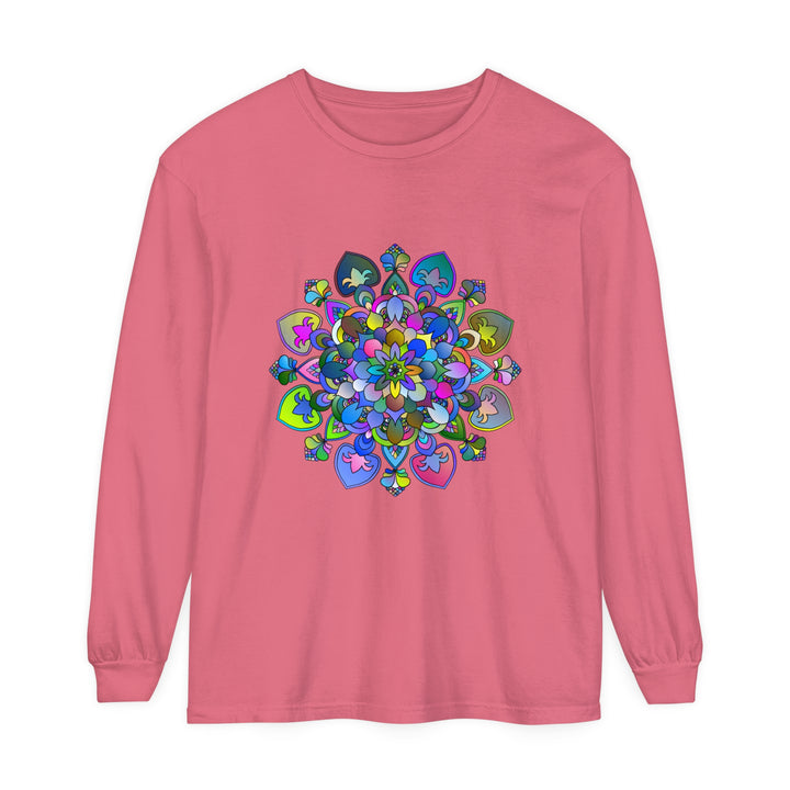 Vibrant Mandala Long Sleeve T-Shirt featuring a colorful, intricate mandala design