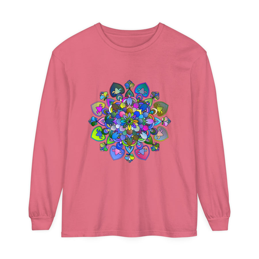 Vibrant Mandala Long Sleeve T-Shirt featuring a colorful, intricate mandala design