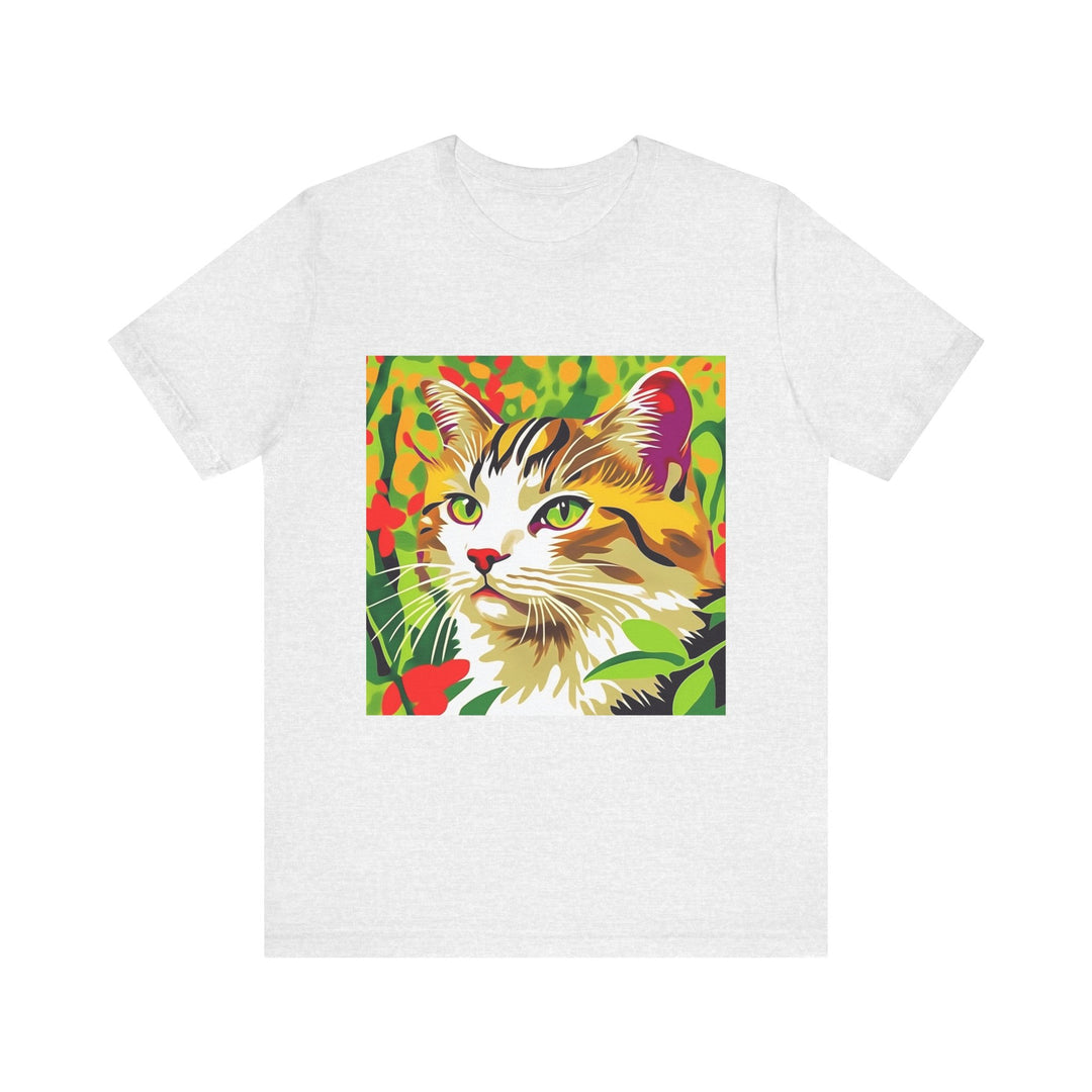 Colorful animal design t-shirt featuring a vibrant illustration of a Savana cat