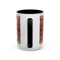 Colorful ceramic mug featuring a detailed and intricate mandala design